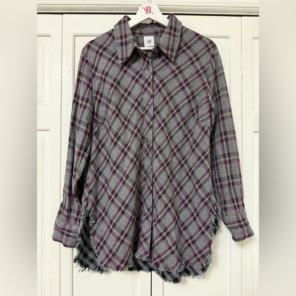 CAbi Gray/Purple/Pink Button Up Plaid Shirt Frayed Hem Whimsigoth Fairy Grunge M